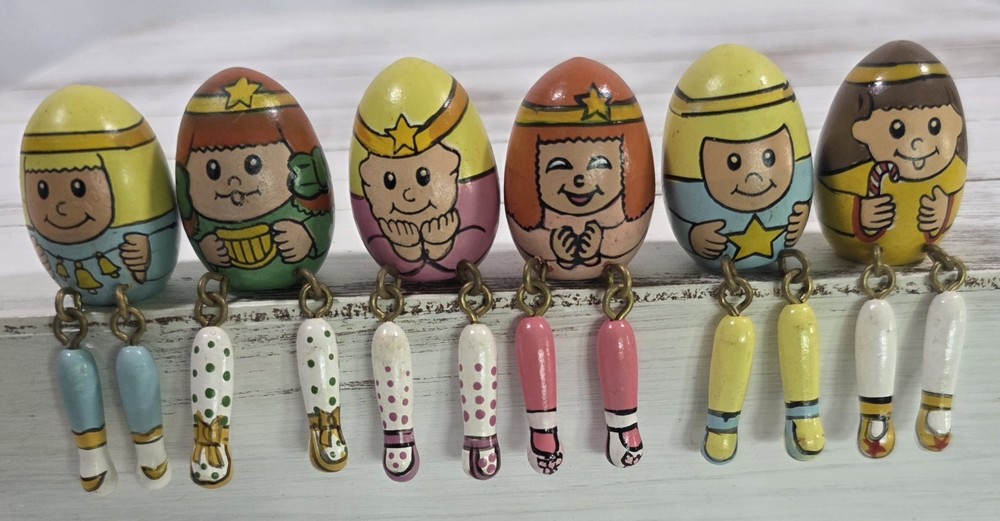 (6) Vintage Christmas Hand Crafted/Painted Wooden Egg Shelf Sitters Set