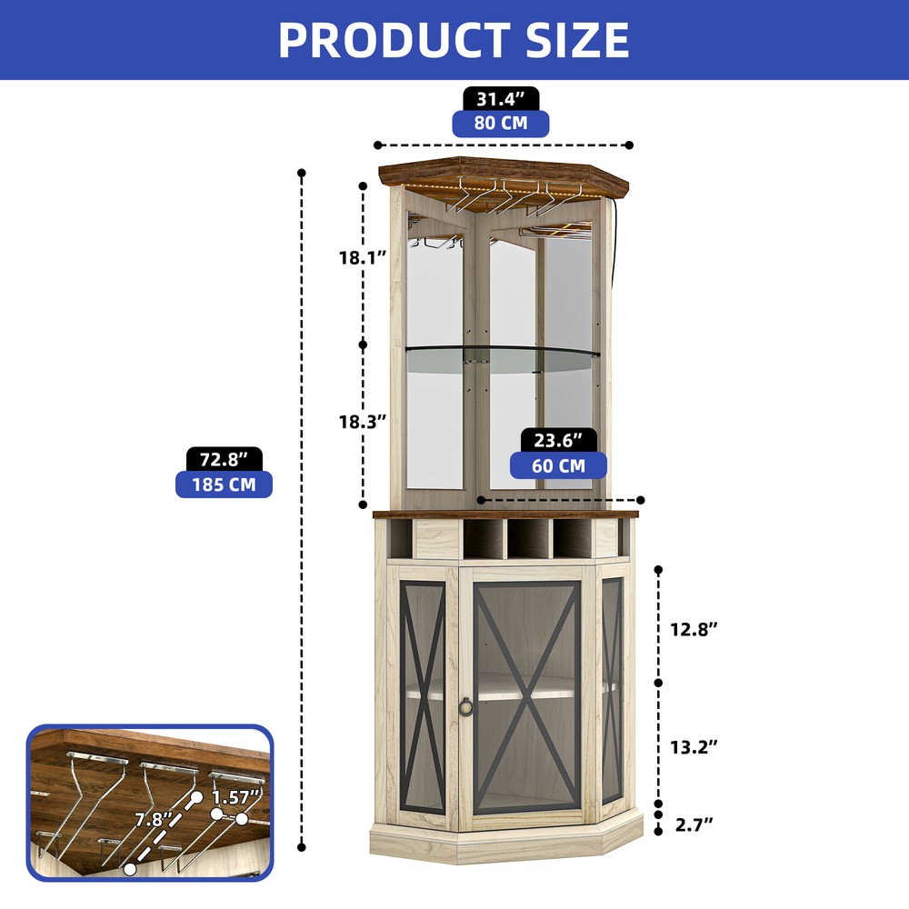 72 Inch Rustic Corner Wine Bar Cabinet with Glass Door and Adjustable Shelves