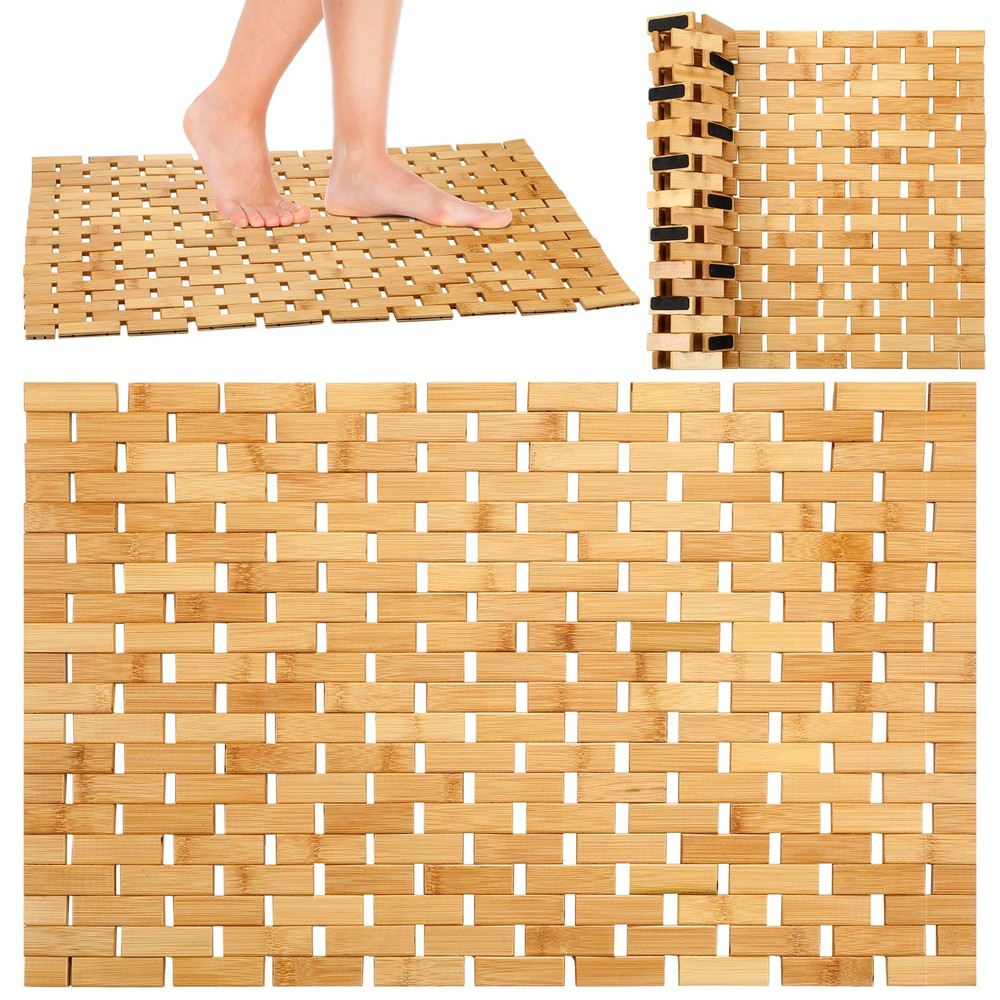 2 Pcs Bamboo Shower Mat Wood Bath Mat Bathroom Bamboo Rug Non Slip Waterproof...