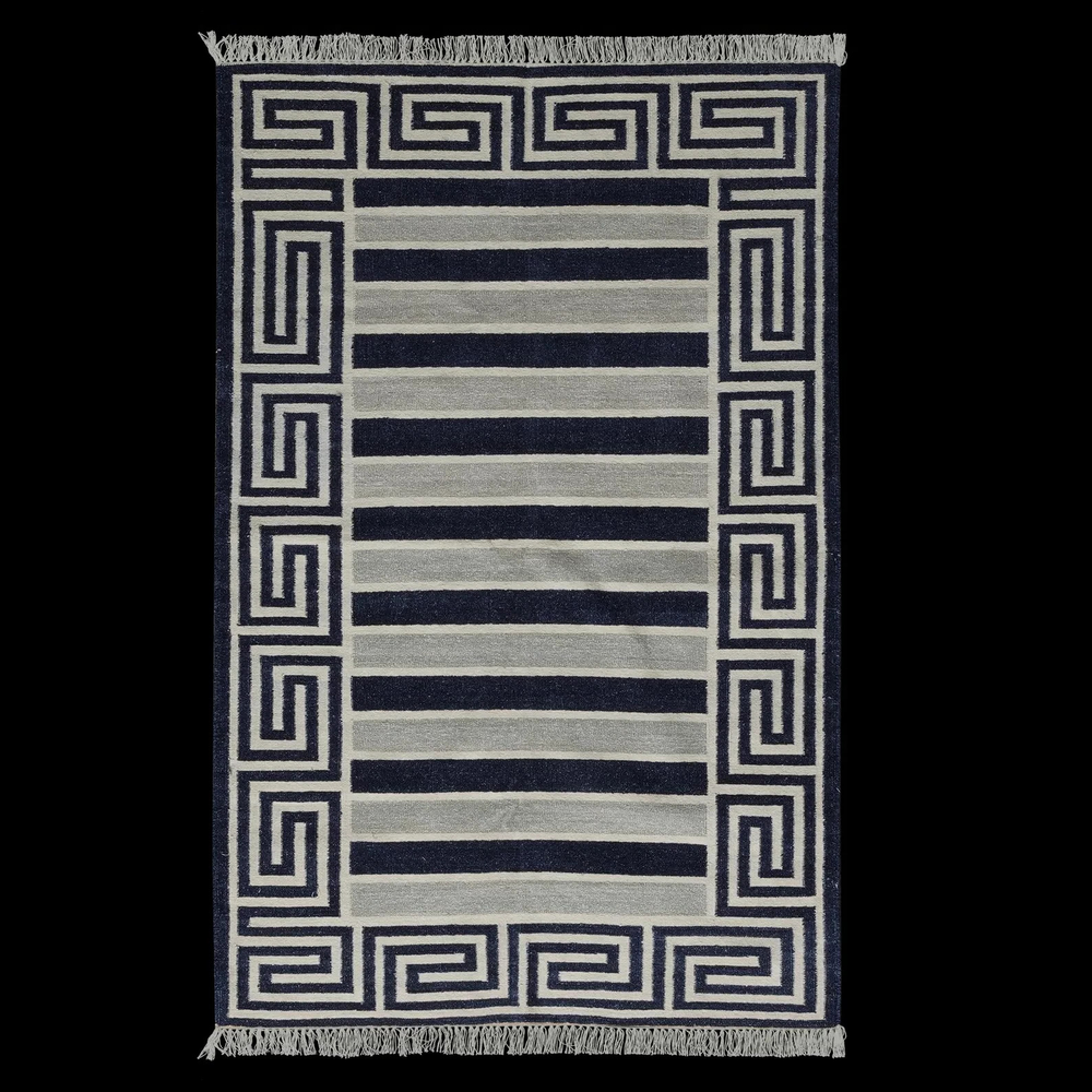 Handwoven Chenille Dhurrie Rug Color Black and Beige Handmade Design Carpet Rug