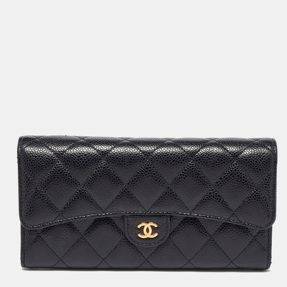 Chanel Black Caviar Quilted Leather Long Flap Wallet