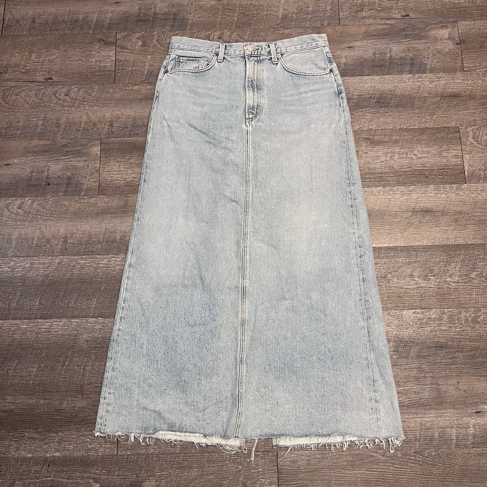 Agolde Women's Blue Hilla Denim Maxi Skirt 29 Light Wash Long Raw Hem