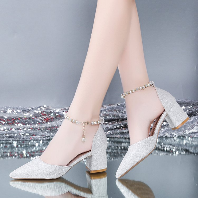 Silver Pointed High Heel Summer Sandals for Women with Thick Heels