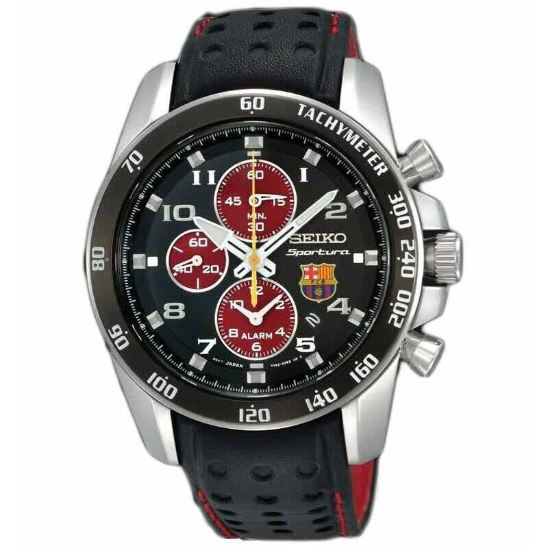 Seiko SNAE75P1 Sportura FC Barcelona Black Red Chronograph Rubber Strap Watch  