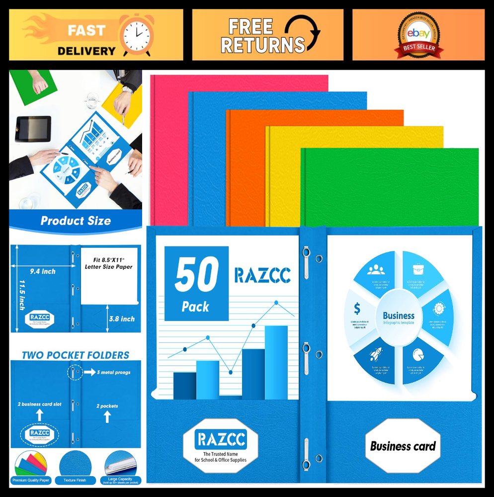 50 Pack Two Pocket Folders with Prongs - Letter Size, Assorted Colors for School