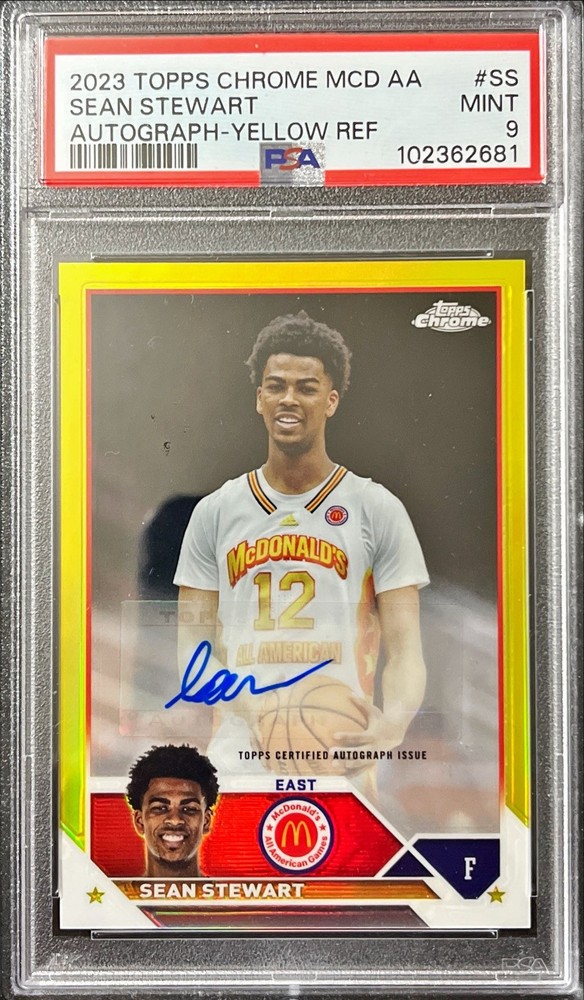 2023 TOPPS CHROME MCDONALDS AA SEAN STEWART YELLOW REFRACTOR AUTO # 22/75 PSA 9!