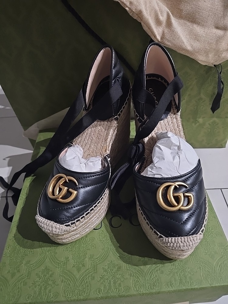 Gucci Marmont Espadrille Wedge Sandal EU36.5/6 Black Leather Ankle Wrap 533023