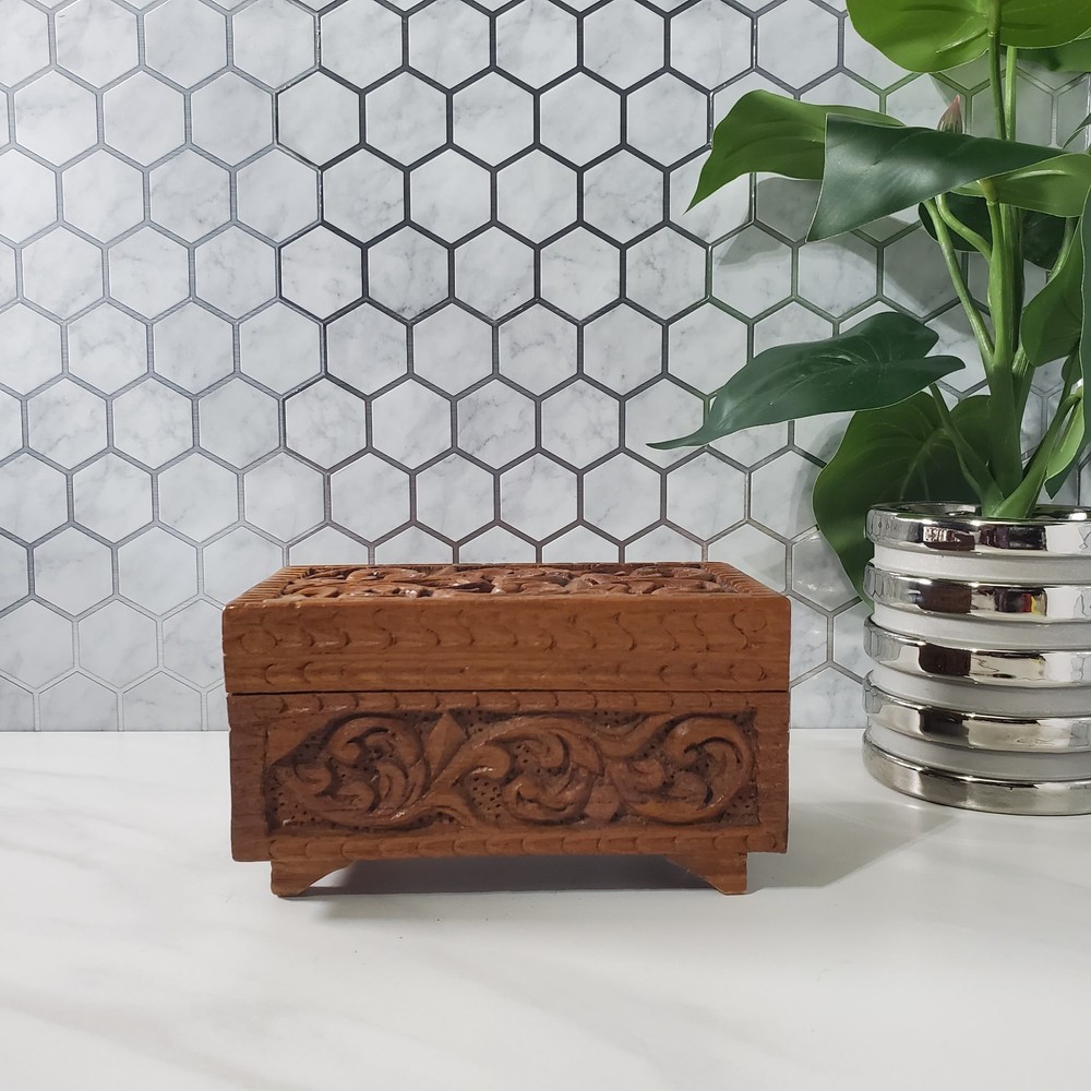 Wood Carved Blue Velvet Lined Hinged Jewelry Keepsake Box