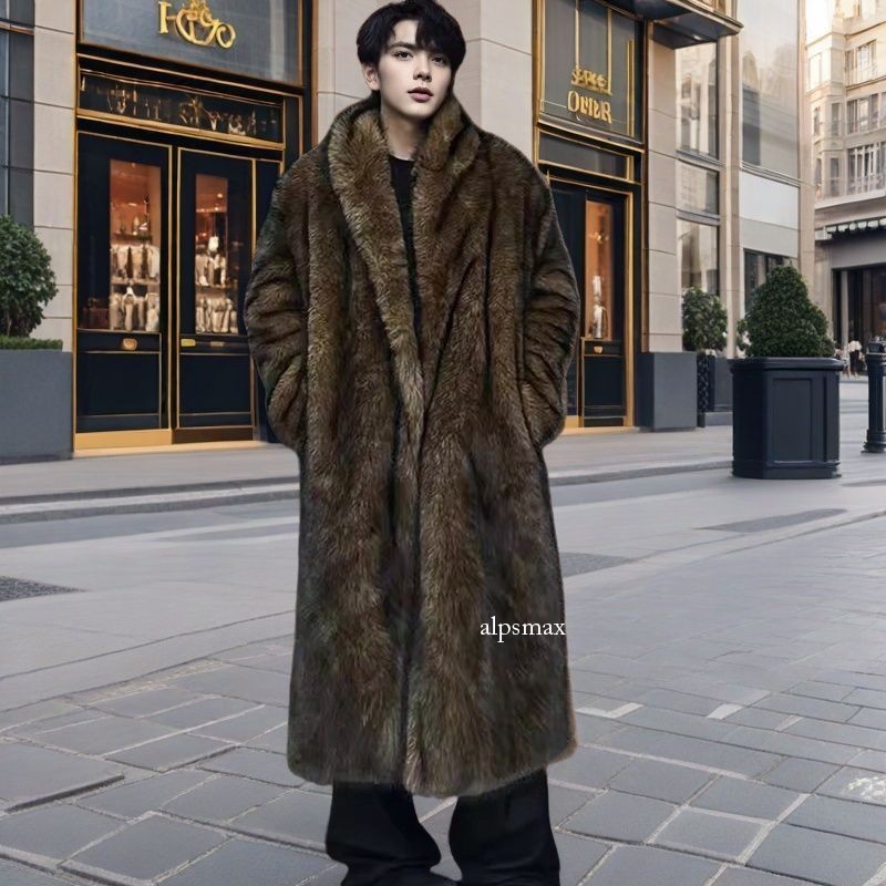 Mens Fur Coat Fox Fur Collar Long Coat Winter Windproof Warm Windbreaker Jacket