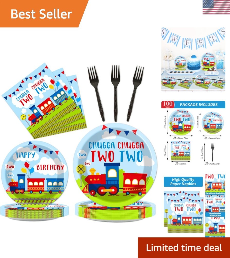 Train Party Supplies Set Plates Napkins Forks Disposable 100pcs Kids Birthday