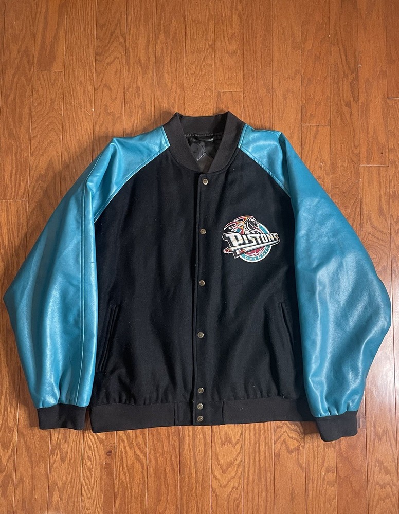 Vintage 90s Detroit Pistons NBA Starter Varsity Jacket Teal Black Leather 2XL