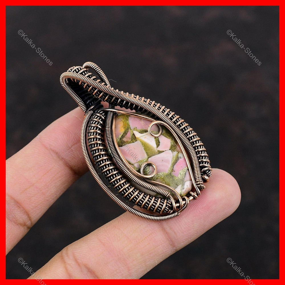 Copper Oval Copper Pink Opal Stone Ethnic Birthday Wire Wrapped Pendant Jewelry