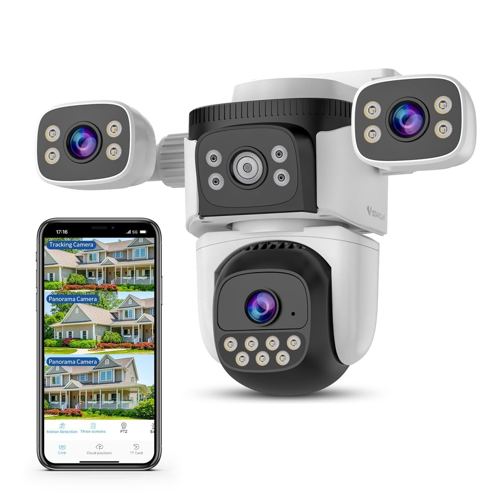 Three-Lens Security Camera Outdoor, 360° View Surveillance Cameras with Human...