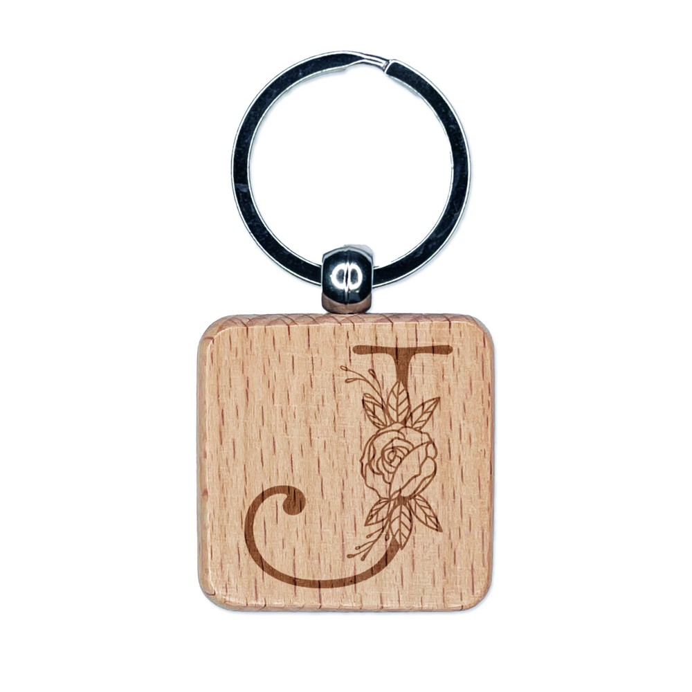 Rose Typewriter Font Capital J Engraved Wooden Square Keychain Charm