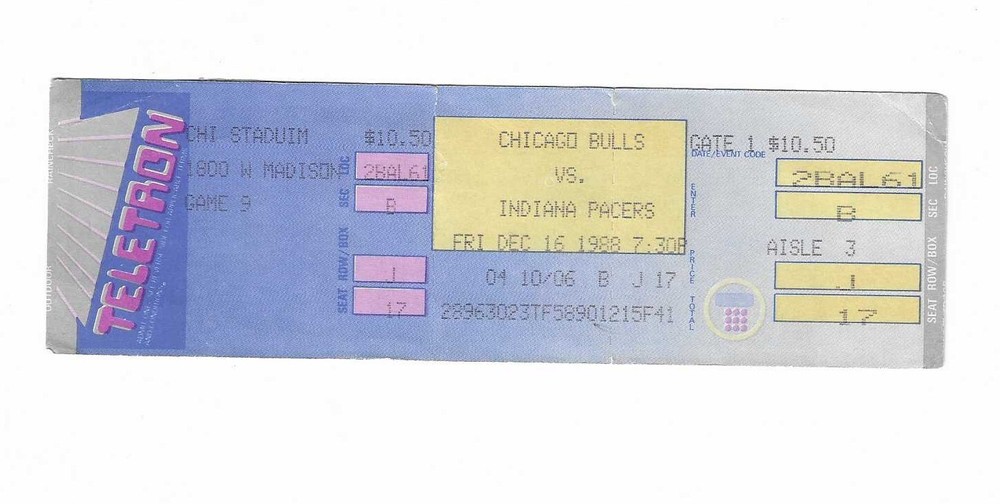 Chicago Bulls vs Indiana Pacers Unused Basketball Ticket from 12/16/1988