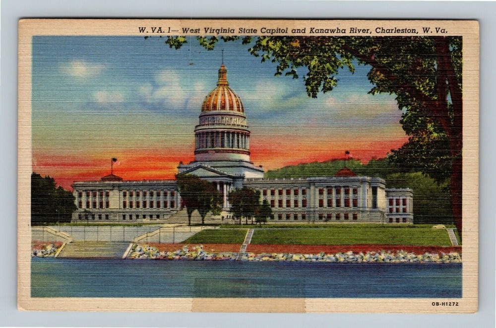 Charleston WV State Capitol Building Kanawha River Linen West Virginia Postcard