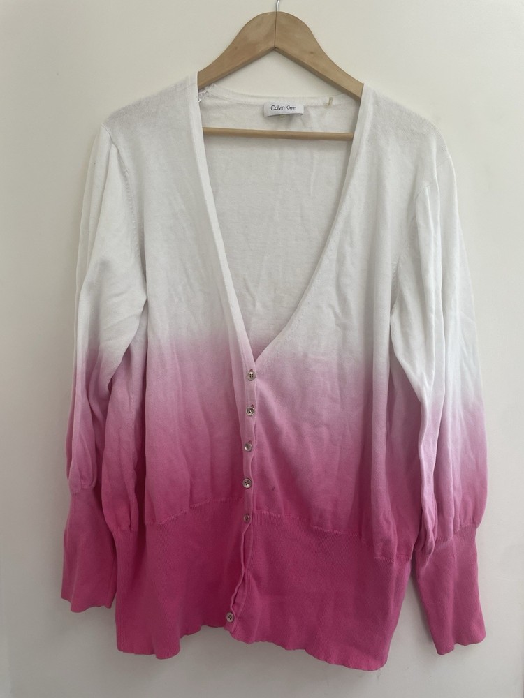 Calvin Klein Women's Ombre Fade Button Front Long Sleeve Cardigan White Pink 2X