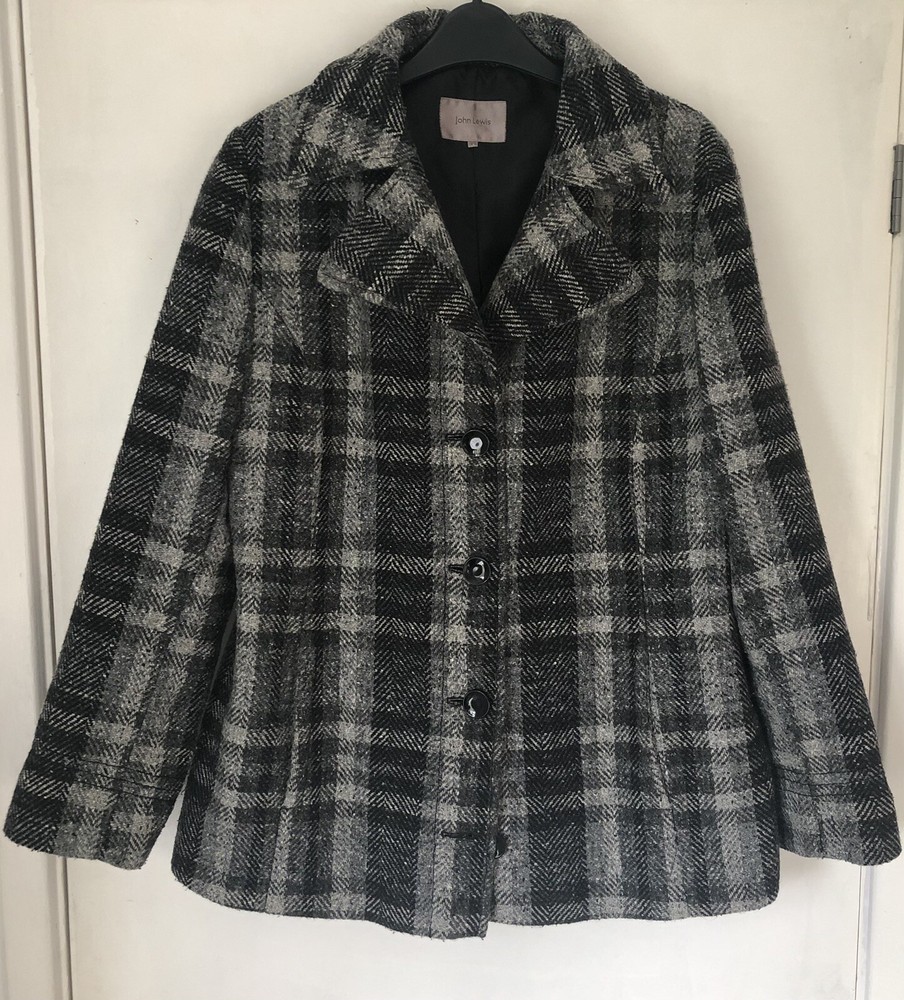 John Lewis jacket coat black Grey Check Tweed Effect winter  ladies size 14