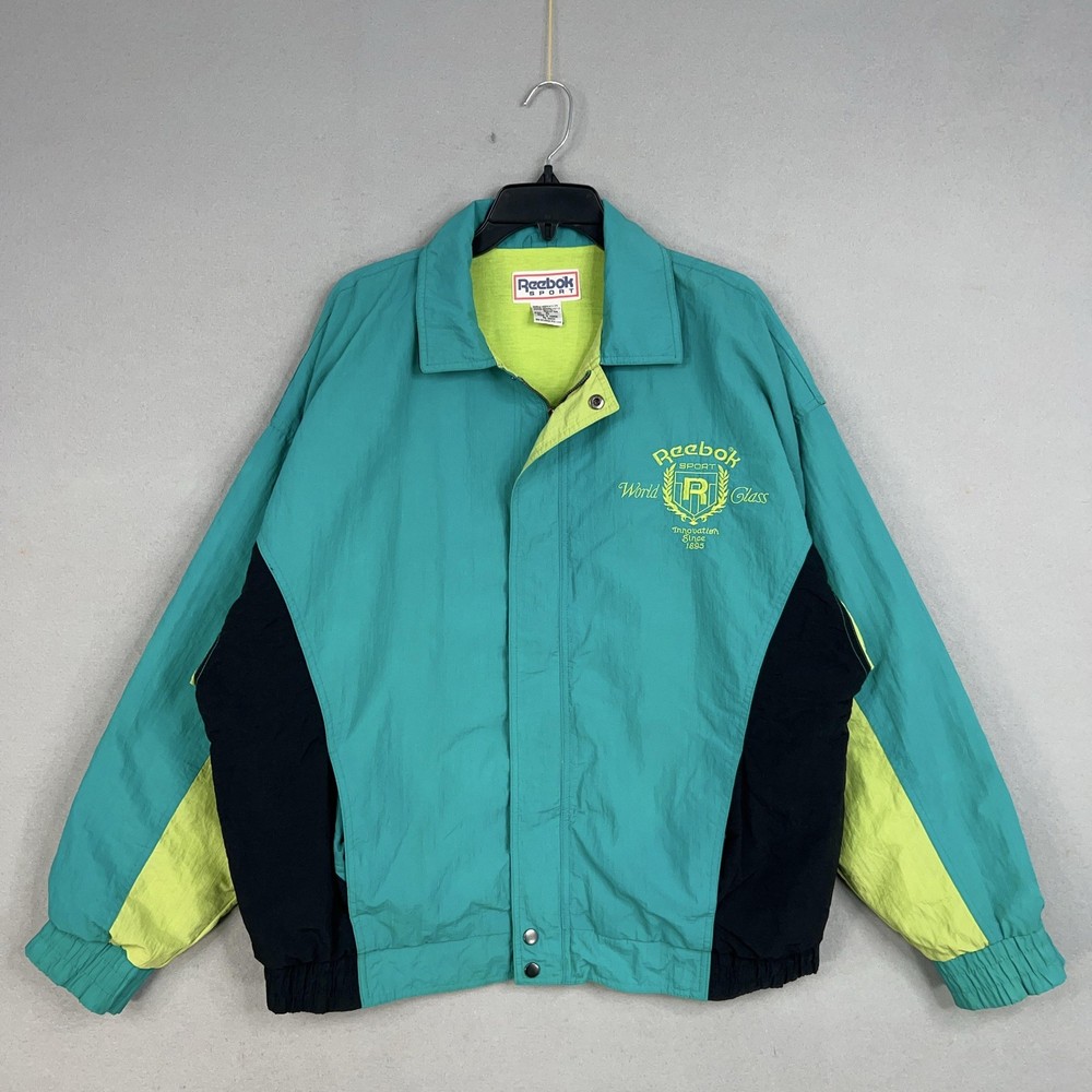 Vintage Reebok Jacket Men XL Blue Green Neon Windbreaker Crest 80s 90s Y2K Track