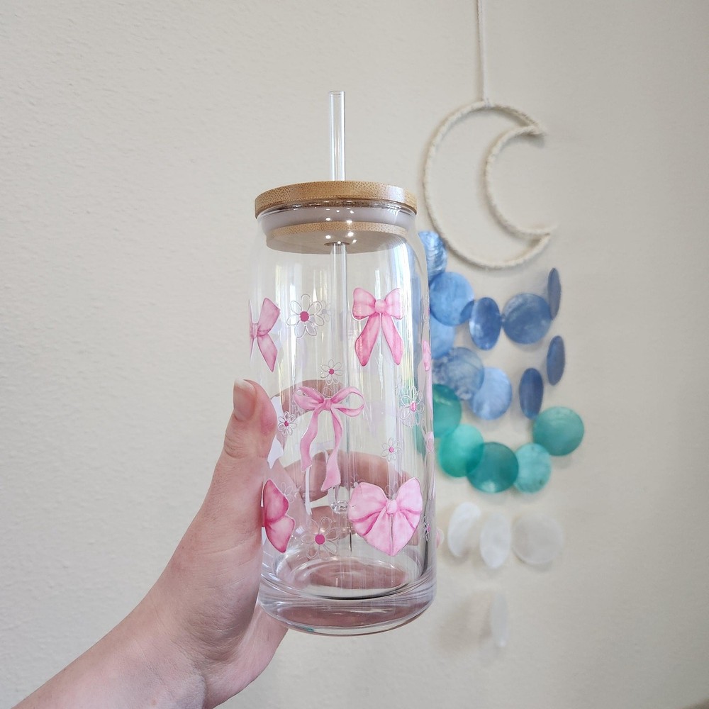 Coquette Pink Bow Daisy Flowers 20 oz Glass Tumbler Cup Girly Cute Coffee Matcha