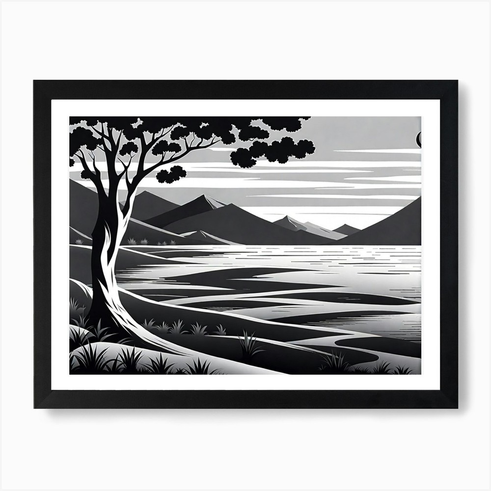 Monochrome Landscape With Tree Framed Wall Art Canvas Print  