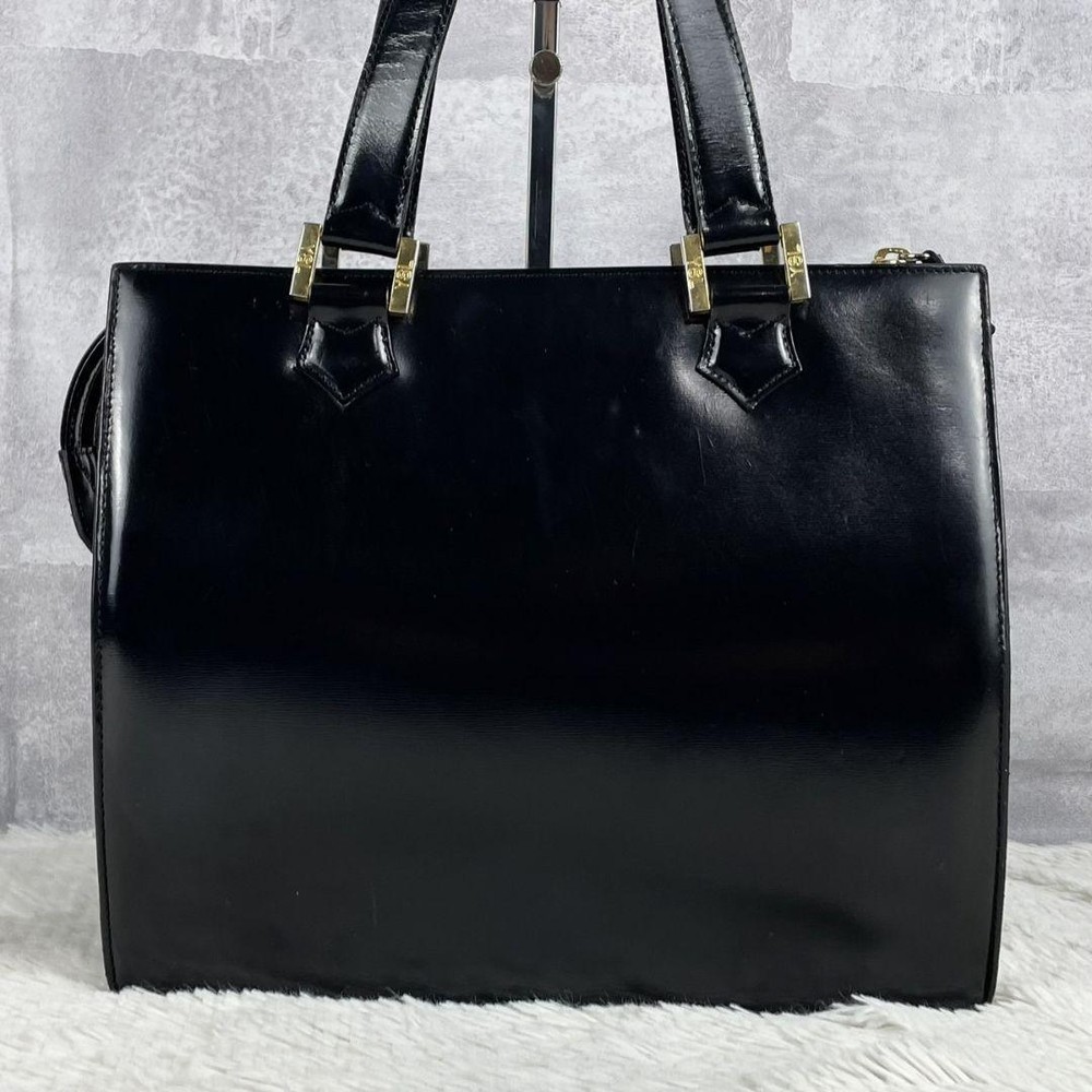 Vintage YSL Black Leather Tote Bag with Embossed Logo Made in Japan
