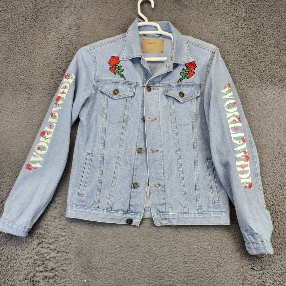 rue21 Jacket Mens Small Light Denim Trucker Roses Worldwide Culture Graphic