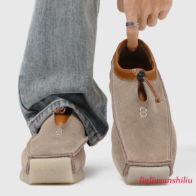 Vintage Suede Loafers Fashion Men's Leather Square Toe Flats Casual Shoes
