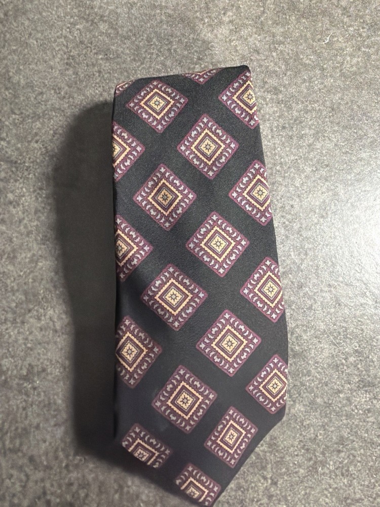 Vintage Burberrys London Silk Tie Geometric Medallion Black Red Designer Tie