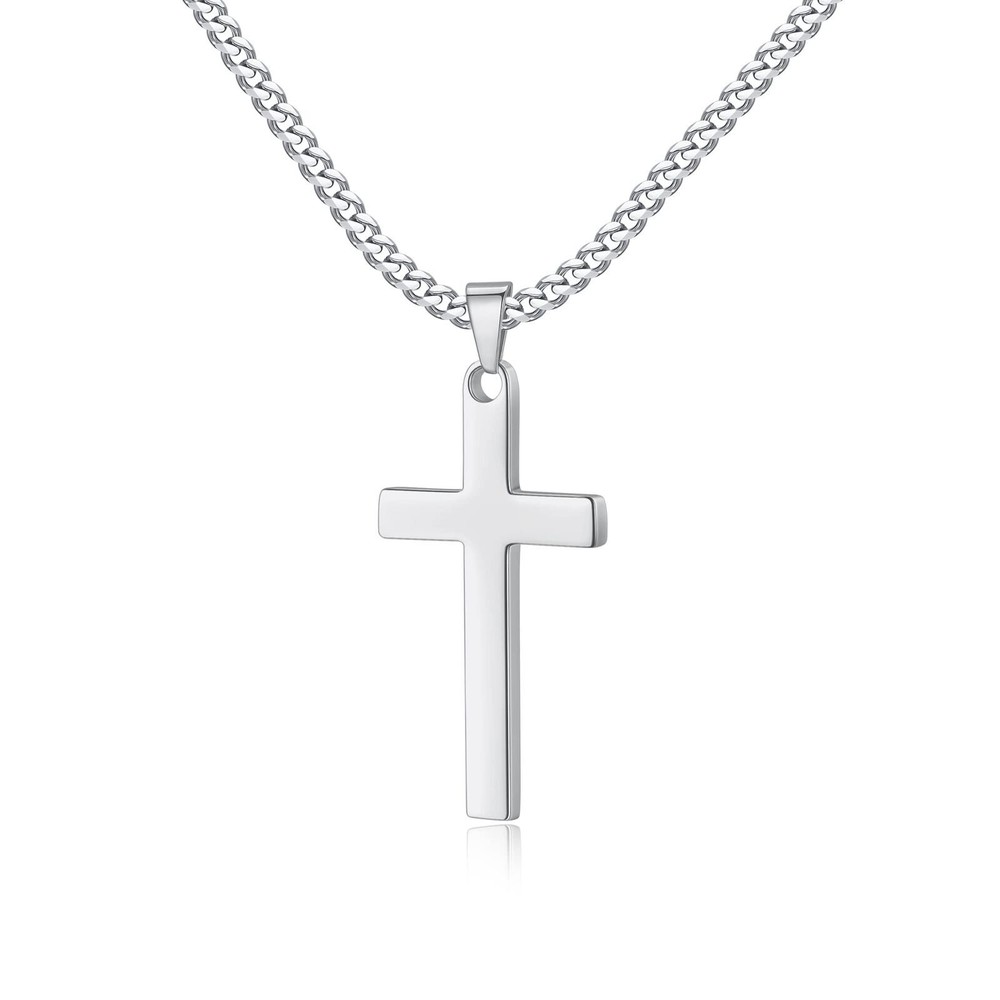 Mens Women Cross Necklace Stainless Steel Silver Pendant Cuban Chain 16