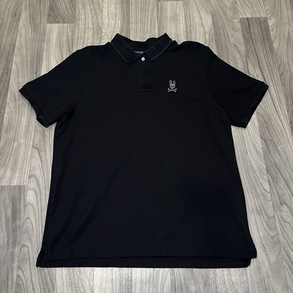 SIZE 7 ( XL ) MENS PSYCHO BUNNY BLACK POLO SHIRT ( READ DESCRIPTION )