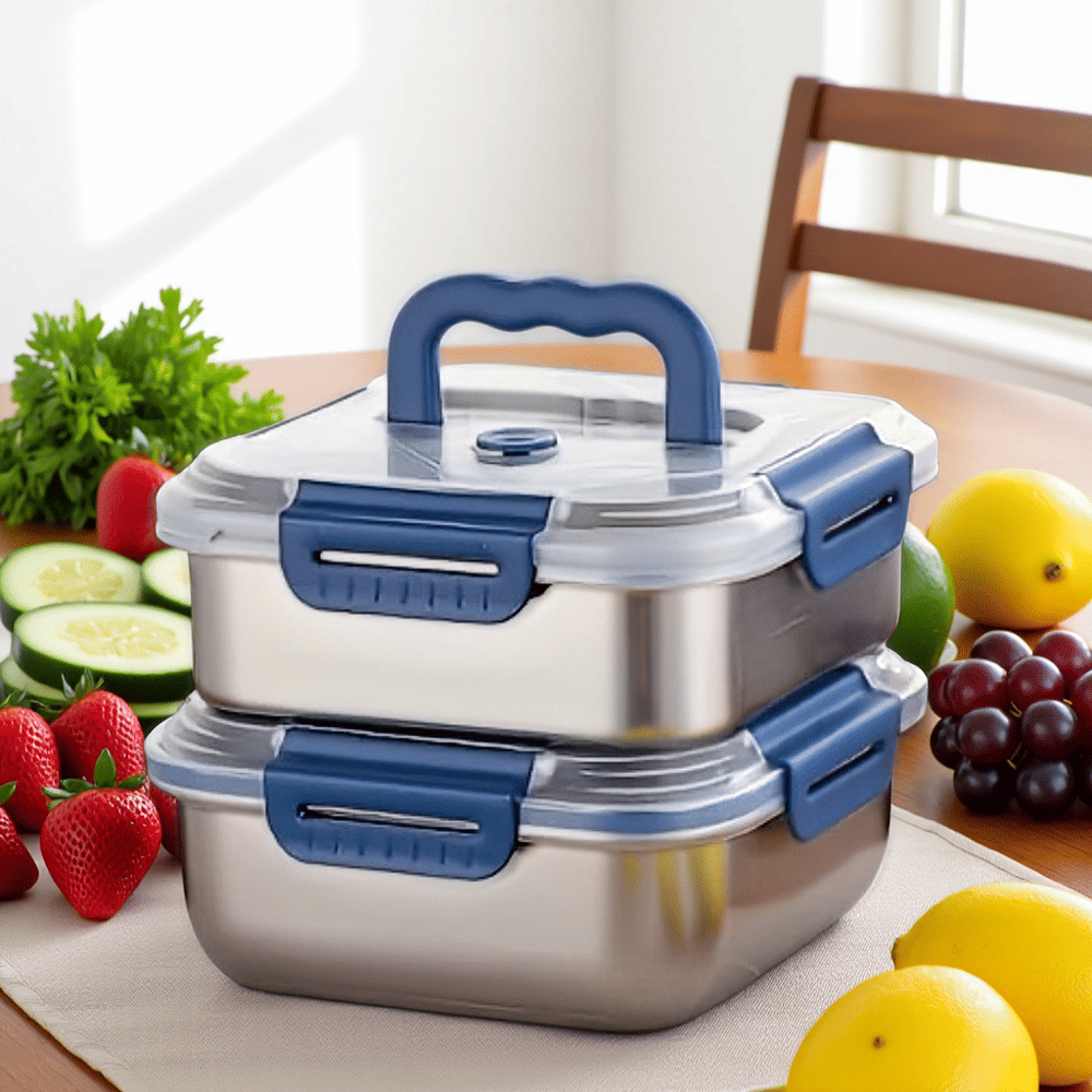Extra Large Stainless Steel Food Storage Containers with Blue Lids Airtight Seal
