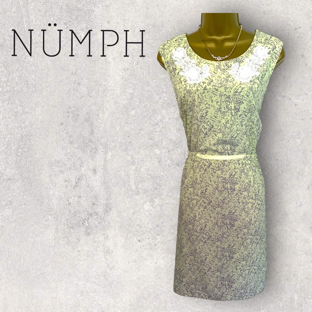 Numph Women's Lime Yellow Grey Cotton Sleeveless Shift Dress UK 12 EU 40 Summer