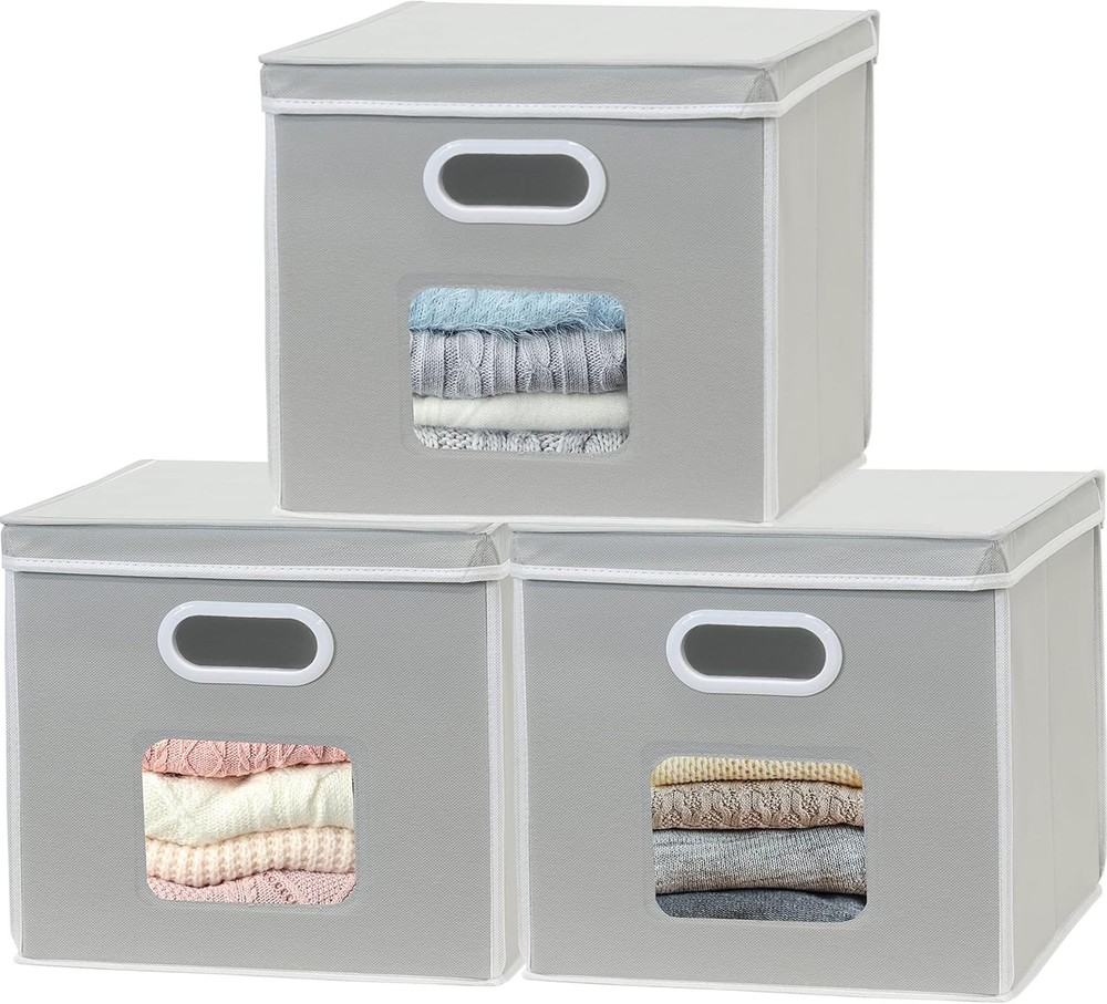 Fabric Clear Window Storage Cube with Lid 12x12 3-Pack Gray