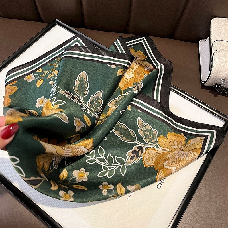 21-inch Dark Green Flower Mulberry Silk Scarf for Women