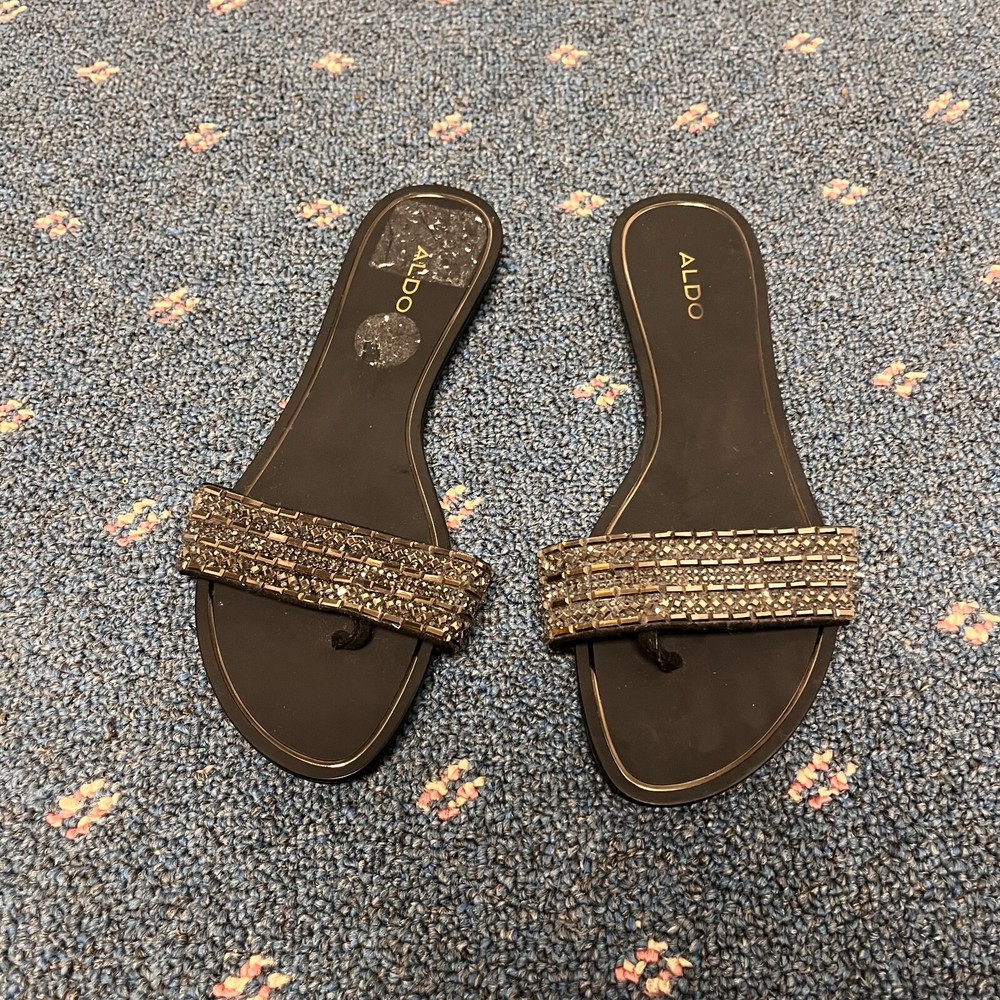 Aldo Womens Black Thong Flip Flops with Rhinestone Gold Accent Size 7