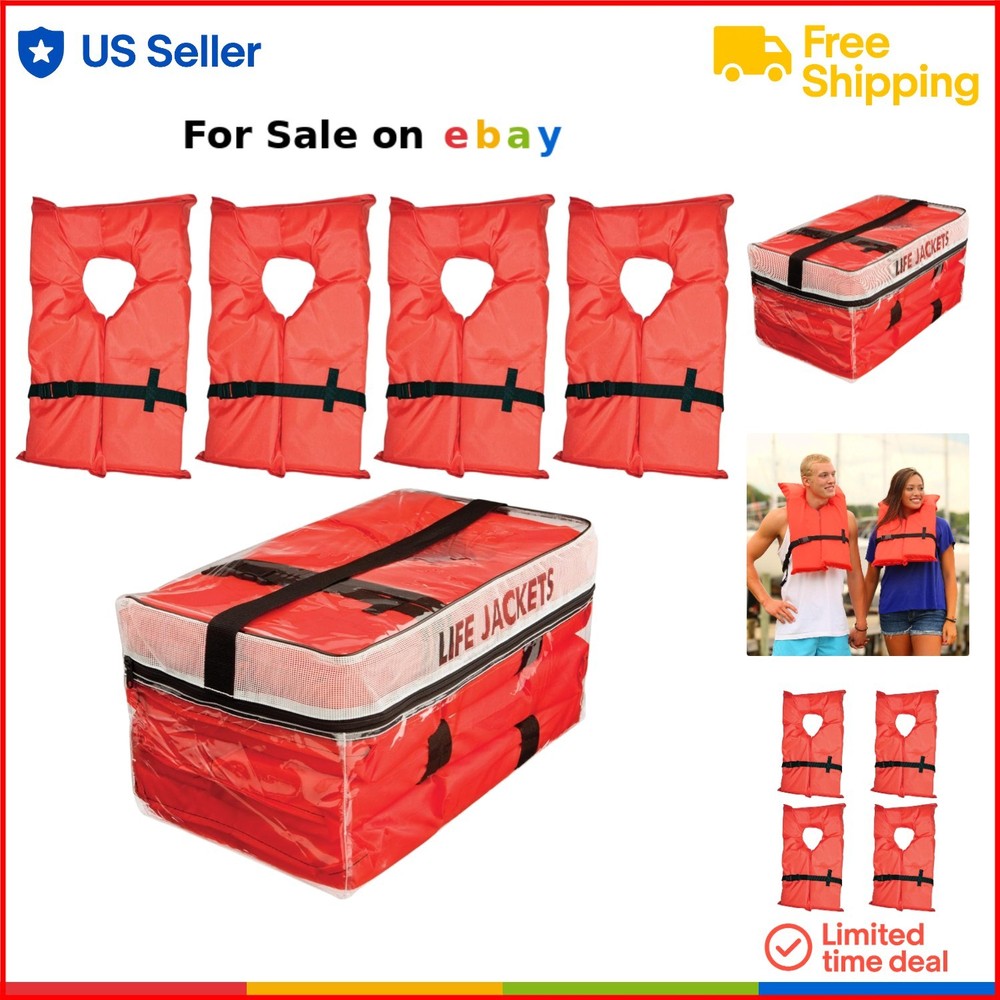 USCG Approved Type II Life Jackets with Outdoor Storage Bag – 4 Adult Pack