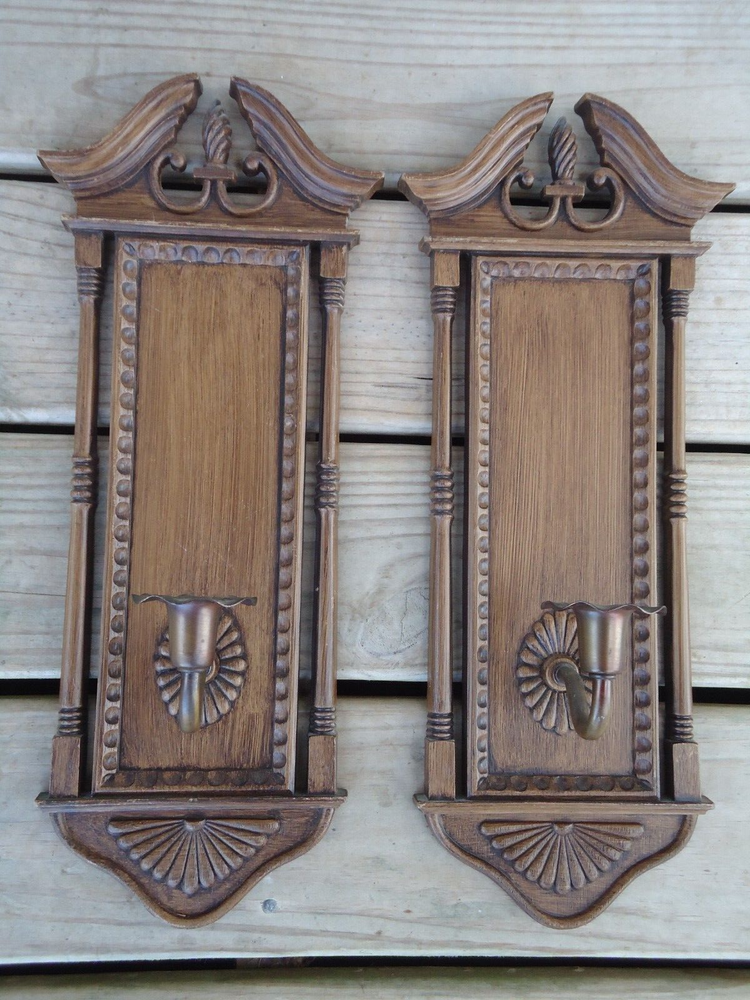 Pair VTG Wall Sconce Candle Holder Hanging Decoration Faux Wood 70s Library Hall
