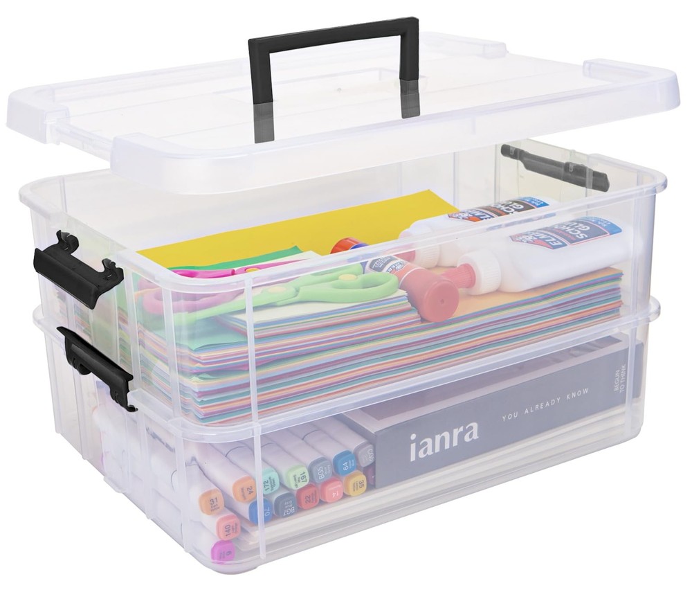 2-Layer Clear Plastic Storage Containers with Lids, Stackable Multipurpose Organizer Bins