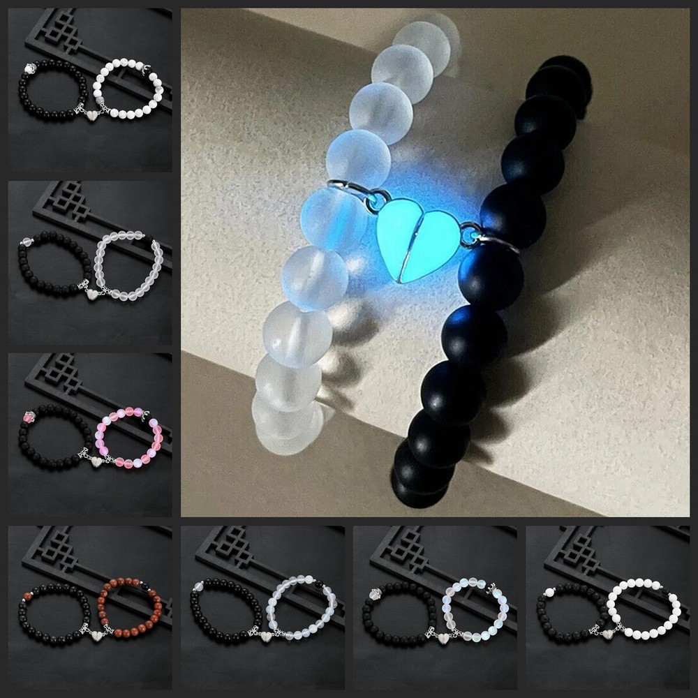 2Pcs Couples Bracelets Luminous Heart Magnet Lovers His Hers Couple Bracelets
