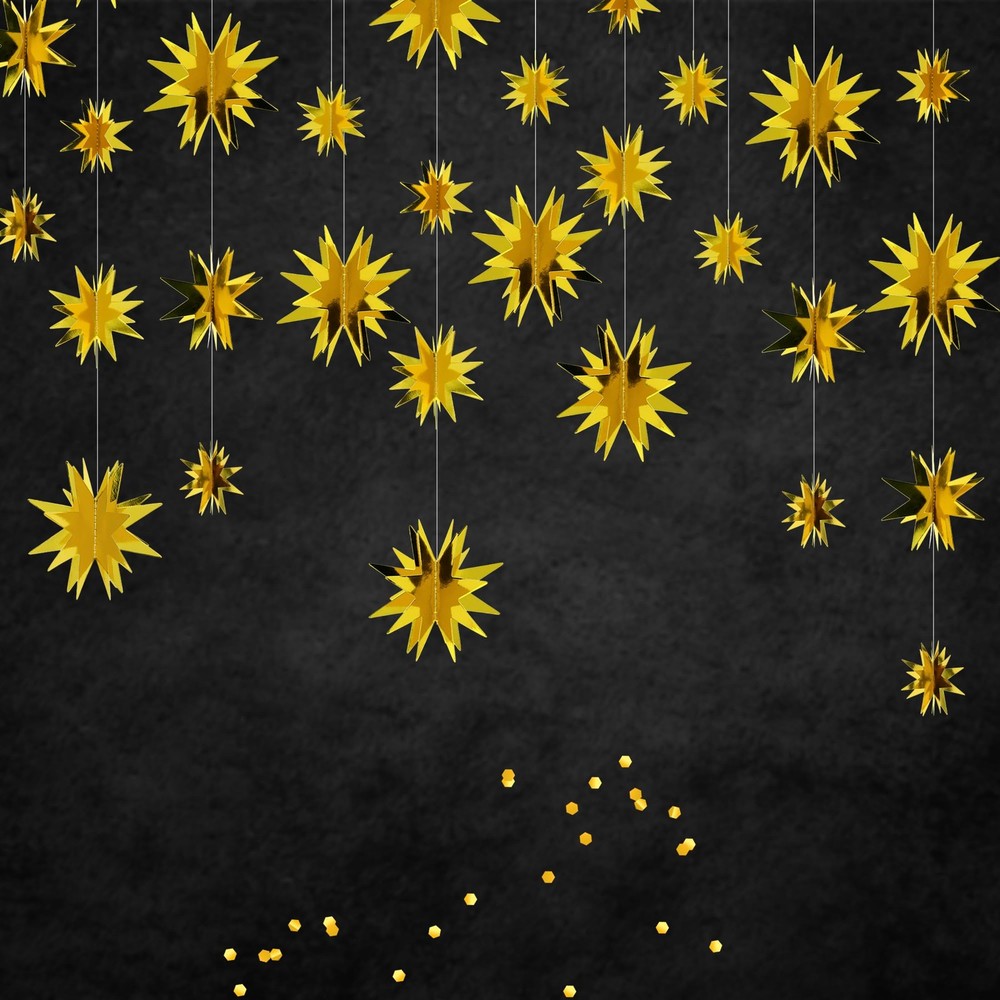 , 3D Gold Star Garland Decorations - 30 Feet Pack of 3 | Star Hanging Decorat...