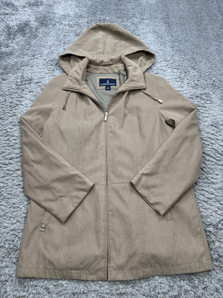 London Fog Beige Faux Suede Hooded Zip Parka Raincoat for Women Medium