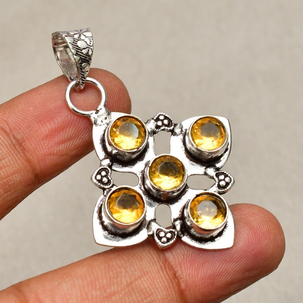 Citrine Gemstone Handmade Sterling Silver Pendant 1.8 Inch 925 Silver Jewelry