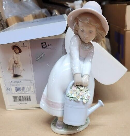 Rare Lladro No. 6876, Springtime Fun, Girl w/ Watering Can of Flowers  & Box