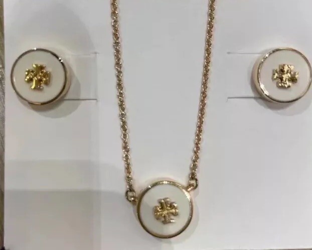 Tory Burch Double T Logo Simple Lady Jewelry Set Necklace + Earrings White Color