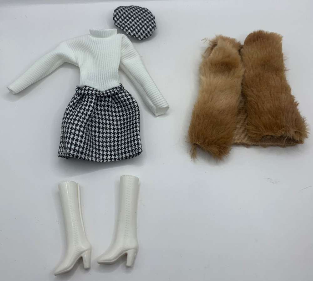 Barbie Sized Doll Outfit Fashion Faux Fur Coat Houndstooth Dress Clothes Shoes