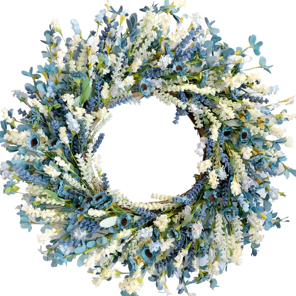24 Inch Rustic Blue Ivory Lavender Floral Wreath for Spring Summer Front Door Decor