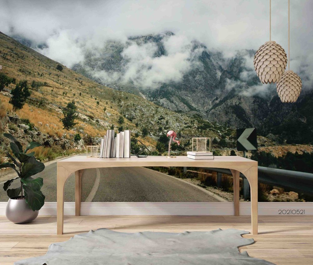 3D Mountains Clouds Highway Landscape Wall Murals Wallpaper Murals Wall Sticker