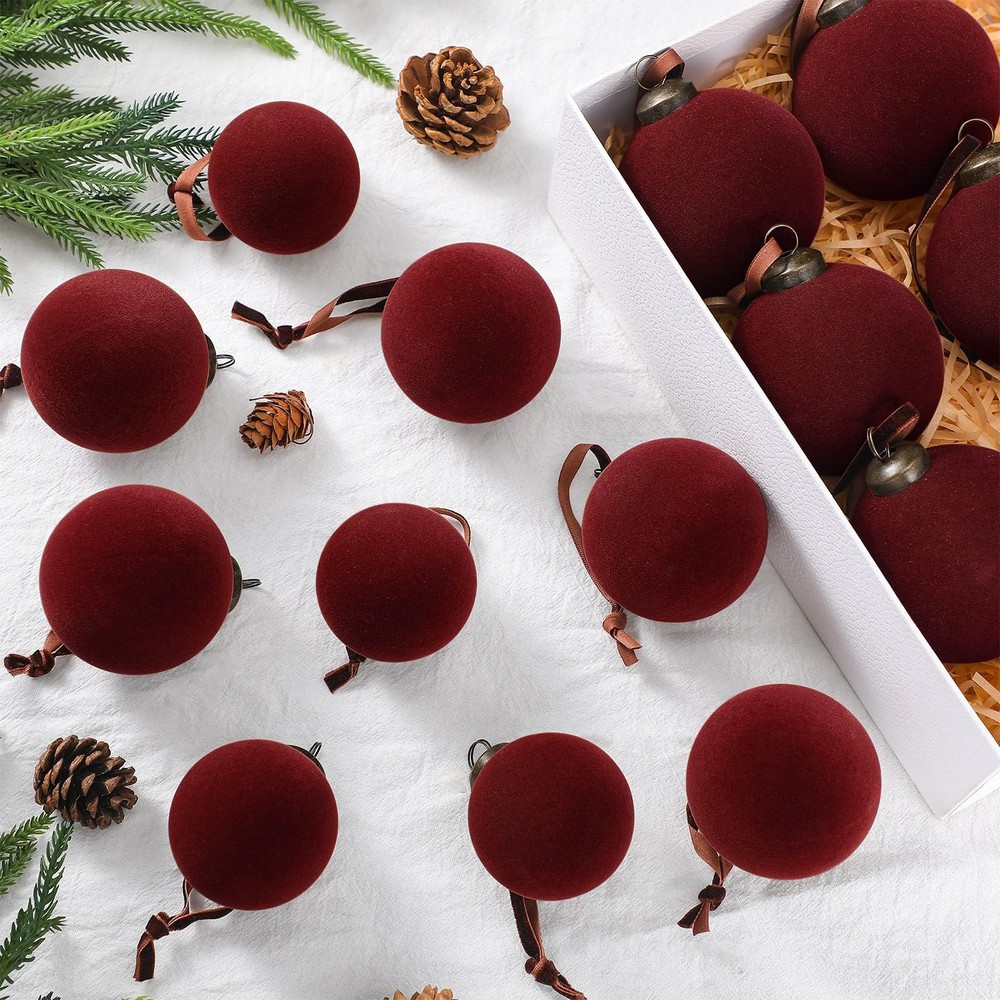 18-Piece Flocked Velvet Christmas Tree Ornaments – Plastic Holiday Decor