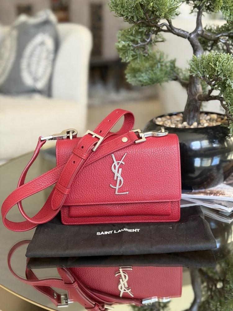 Saint Laurent YSL Flap Crossbody Bag Red & silver hardware Calfskin Leather smal